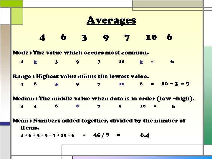 Averages 4 6 3 9 7 10 6 Mode : The value which occurs