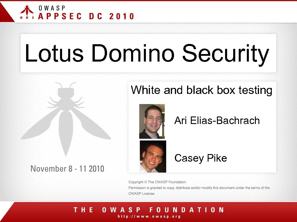 Lotus Domino Security White and black box testing Ari Elias-Bachrach Casey Pike 