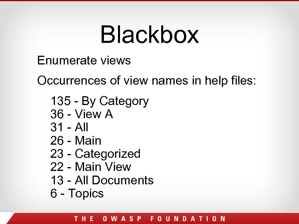 Blackbox Enumerate views Occurrences of view names in help files: 135 - By Category