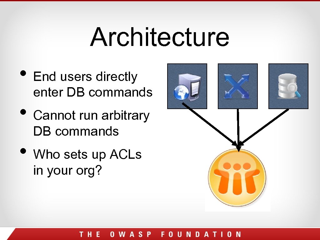 Architecture • End users directly enter DB commands • Cannot run arbitrary DB commands