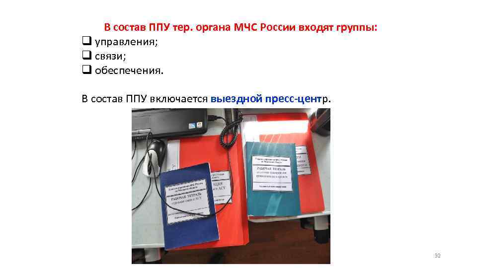 В состав ППУ тер. органа МЧС России входят группы: q управления; q связи; q