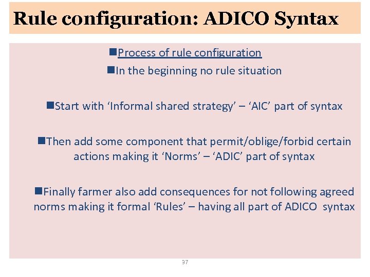 Rule configuration: ADICO Syntax n. Process of rule configuration n. In the beginning no