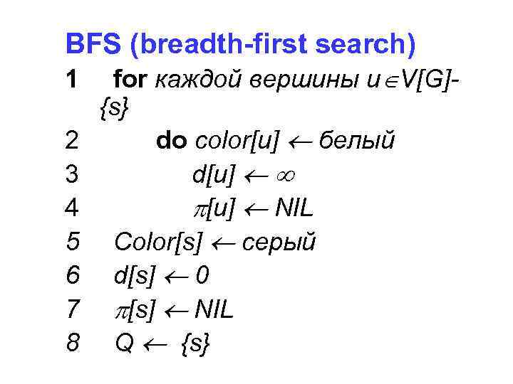 BFS (breadth-first search) 1 for каждой вершины u V[G]{s} 2 3 4 5 6