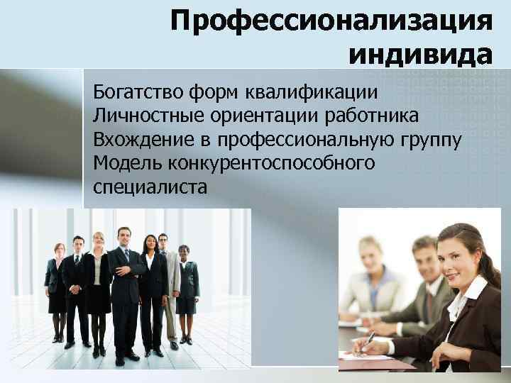Профессионализация индивида Богатство форм квалификации Личностные ориентации работника Вхождение в профессиональную группу Модель конкурентоспособного