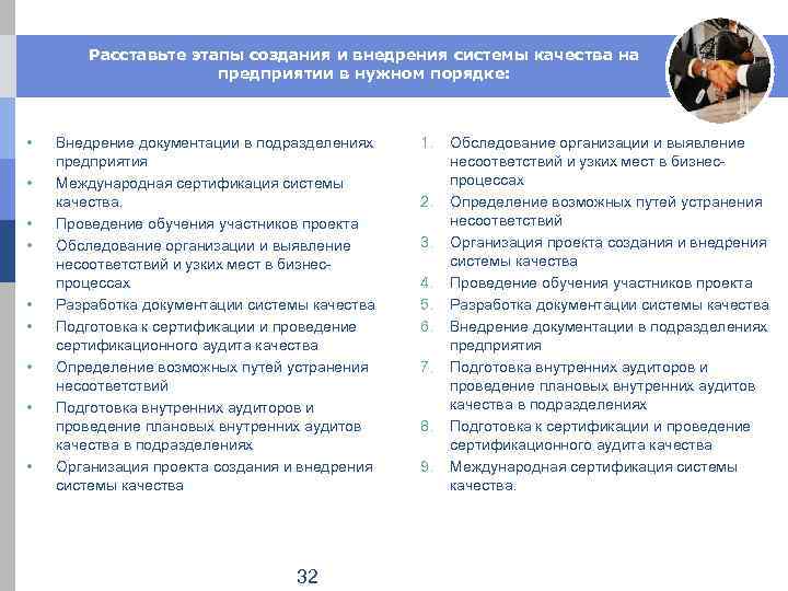 Расставьте этапы создания и внедрения системы качества на предприятии в нужном порядке: • •