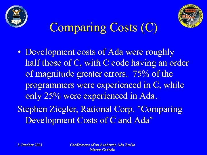 Comparing Costs (C) • Development costs of Ada were roughly half those of C,