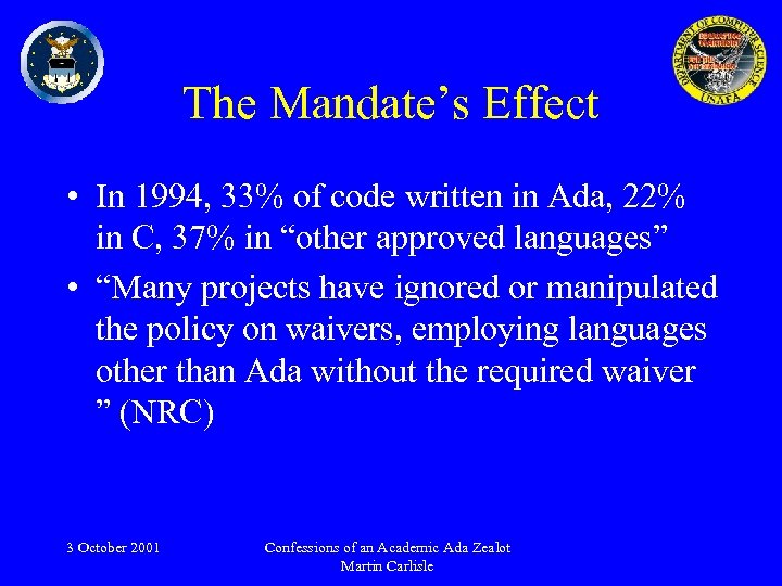 The Mandate’s Effect • In 1994, 33% of code written in Ada, 22% in