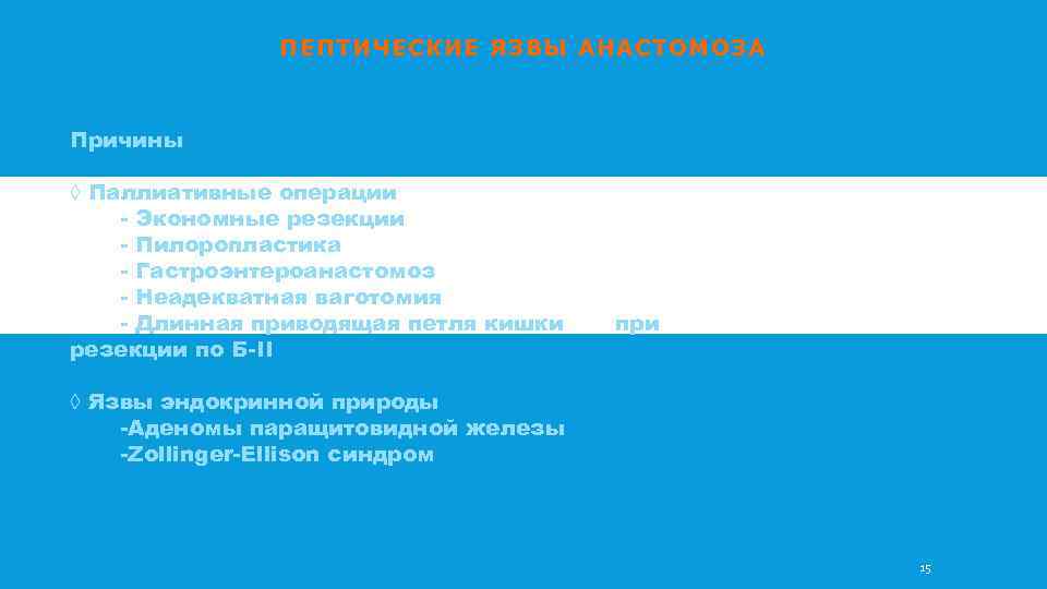 ПЕПТИЧЕСКИЕ ЯЗВЫ АНАСТОМОЗА Причины ◊ Паллиативные операции - Экономные резекции - Пилоропластика - Гастроэнтероанастомоз