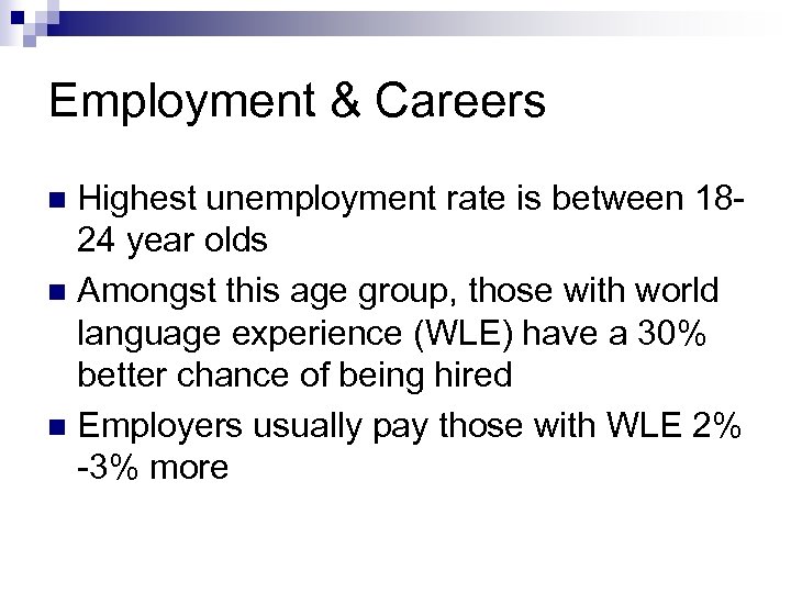 Employment & Careers Highest unemployment rate is between 1824 year olds n Amongst this