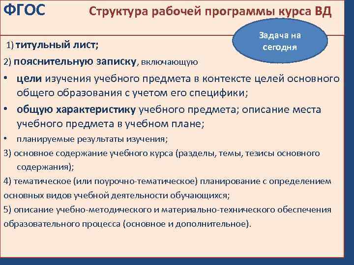 ФГОС Структура рабочей программы курса ВД 1) титульный лист; Задача на сегодня 2) пояснительную