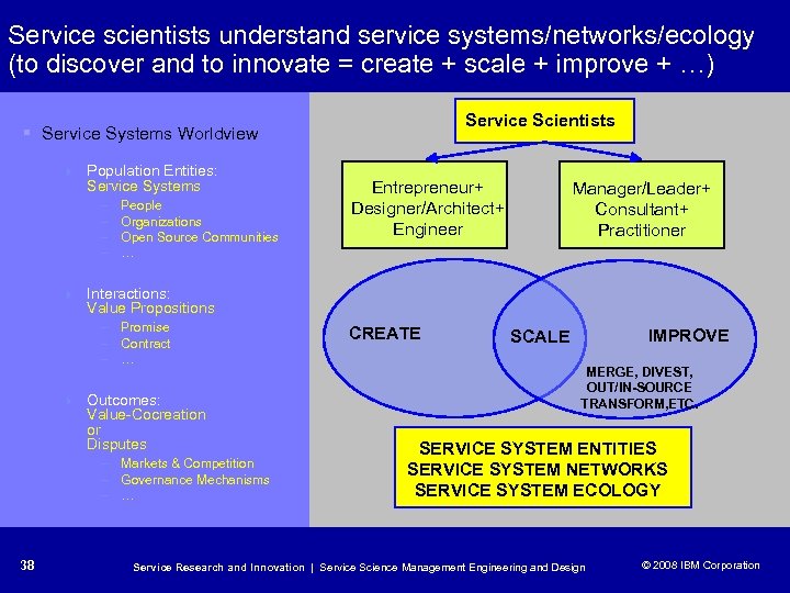 Service scientists understand service systems/networks/ecology (to discover and to innovate = create + scale