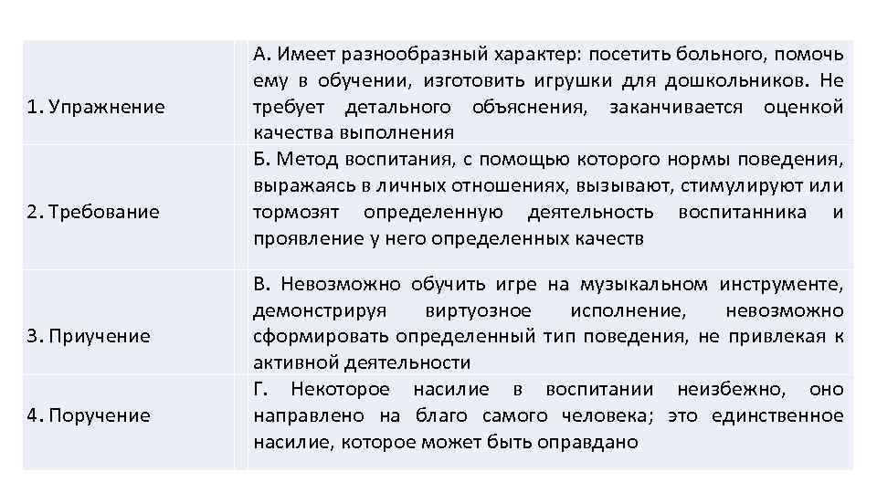 Имеет. Упражнения, приучение, поручение.. Поручение это в педагогике. Упражнение, приучение, поручение, требование относятся. Упражнение это в педагогике.