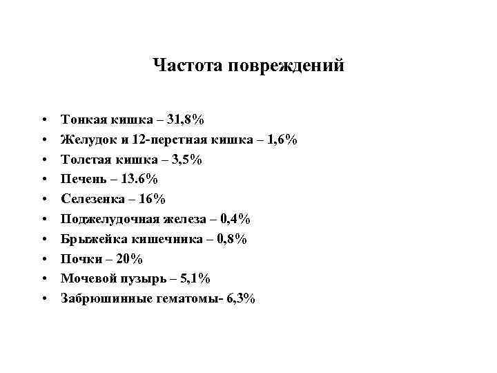 Частота повреждений • • • Тонкая кишка – 31, 8% Желудок и 12 -перстная