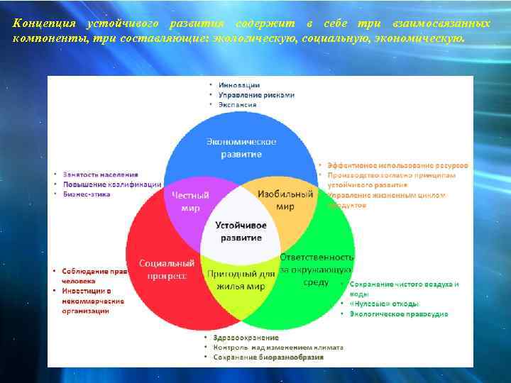 Концепция устойчивого развития содержит в себе три взаимосвязанных компоненты, три составляющие: экологическую, социальную, экономическую.