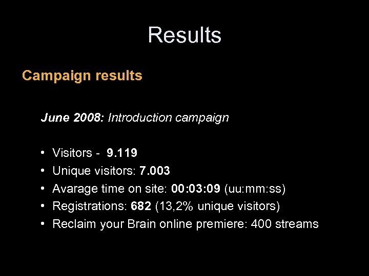 Results Campaign results June 2008: Introduction campaign • • • Visitors - 9. 119