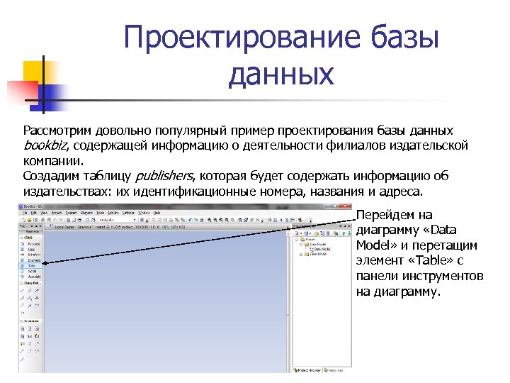 Проектирование базы данных Рассмотрим довольно популярный пример проектирования базы данных bookbiz, содержащей информацию о