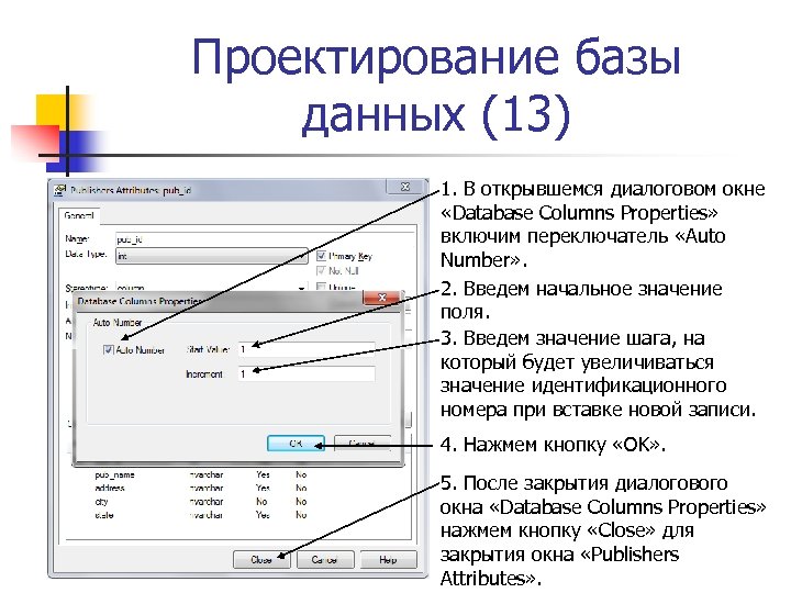 Проектирование базы данных (13) 1. В открывшемся диалоговом окне «Database Columns Properties» включим переключатель