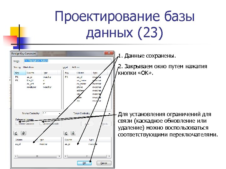 Проектирование базы данных (23) 1. Данные сохранены. 2. Закрываем окно путем нажатия кнопки «OK»