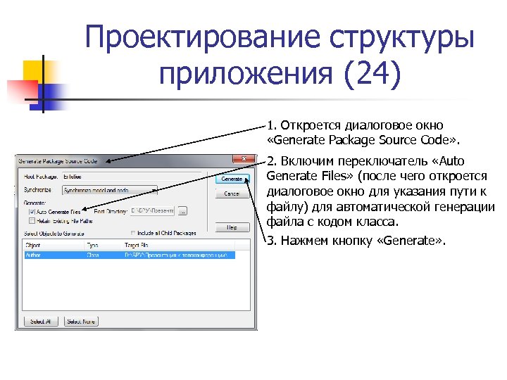 Проектирование структуры приложения (24) 1. Откроется диалоговое окно «Generate Package Source Code» . 2.