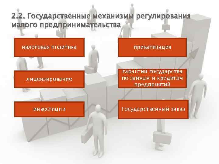 2. 2. Государственные механизмы регулирования малого предпринимательства налоговая политика приватизация лицензирование гарантии государства по