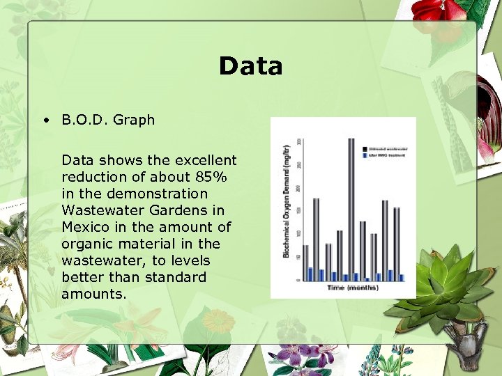 Data • B. O. D. Graph Data shows the excellent reduction of about 85%
