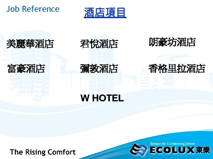 Job Reference 酒店項目 美麗華酒店 君悅酒店 朗豪坊酒店 富豪酒店 彌敦酒店 香格里拉酒店 W HOTEL 