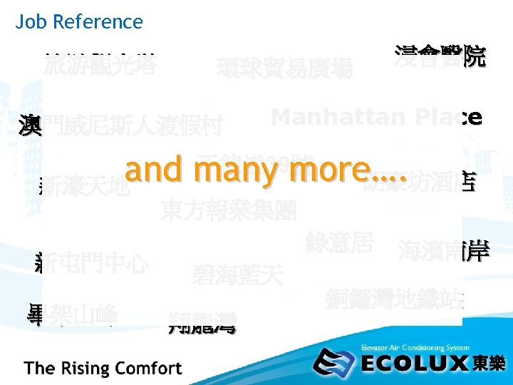 Job Reference 旅游觀光塔 環球貿易廣場 澳門威尼斯人渡假村 浸會醫院 Manhattan Place 干德道 39號 and many more…. 朗豪坊酒店