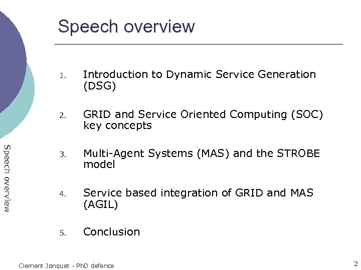 Speech overview Introduction to Dynamic Service Generation (DSG) 2. Speech overview 1. GRID and