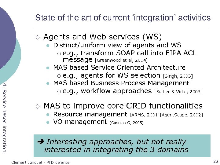 State of the art of current ‘integration’ activities ¡ Agents and Web services (WS)