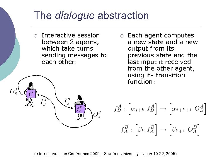 The dialogue abstraction ¡ Interactive session between 2 agents, which take turns sending messages