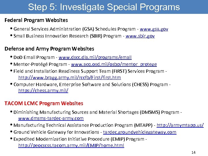 Step 5: Investigate Special Programs Federal Program Websites • General Services Administration (GSA) Schedules
