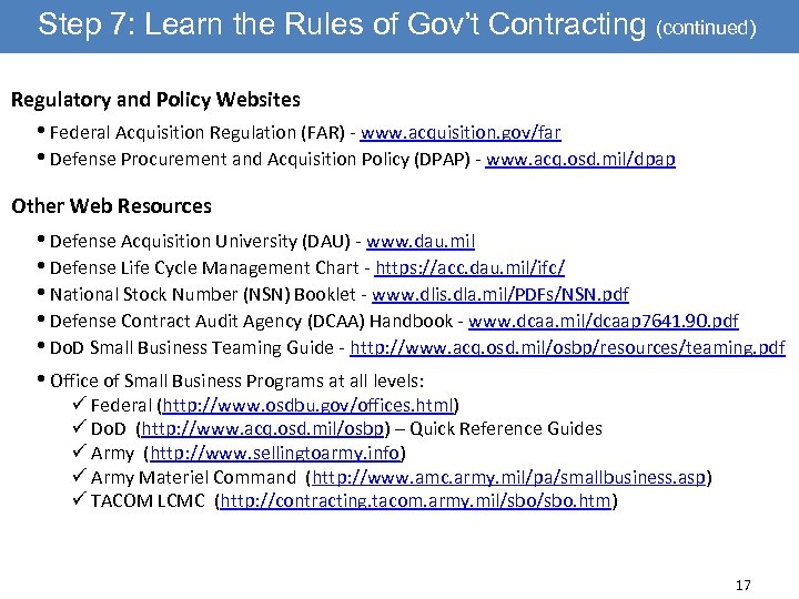 Step 7: Learn the Rules of Gov’t Contracting (continued) Regulatory and Policy Websites •