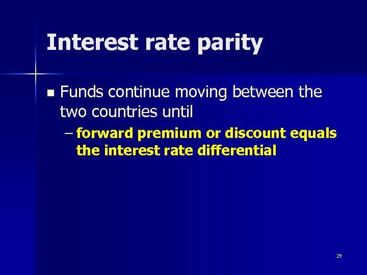 Interest rate parity n Funds continue moving between the two countries until – forward