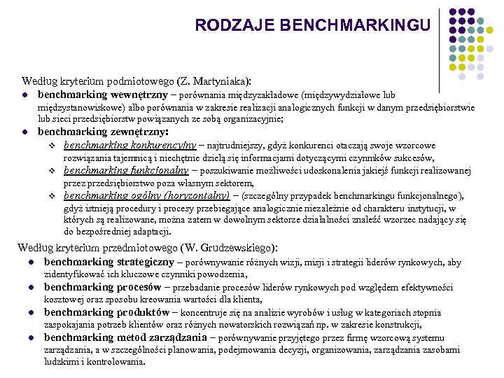 RODZAJE BENCHMARKINGU Według kryterium podmiotowego (Z. Martyniaka): l benchmarking wewnętrzny – porównania międzyzakładowe (międzywydziałowe