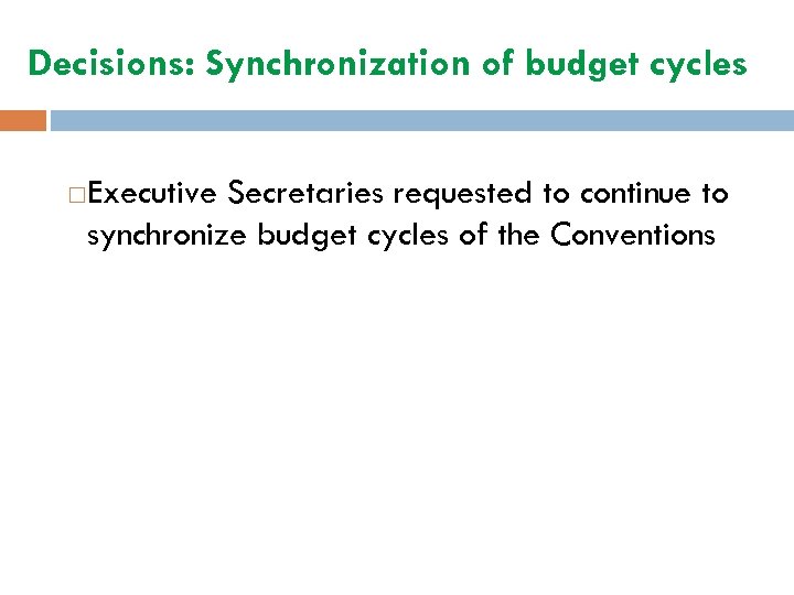 Decisions: Synchronization of budget cycles Executive Secretaries requested to continue to synchronize budget cycles