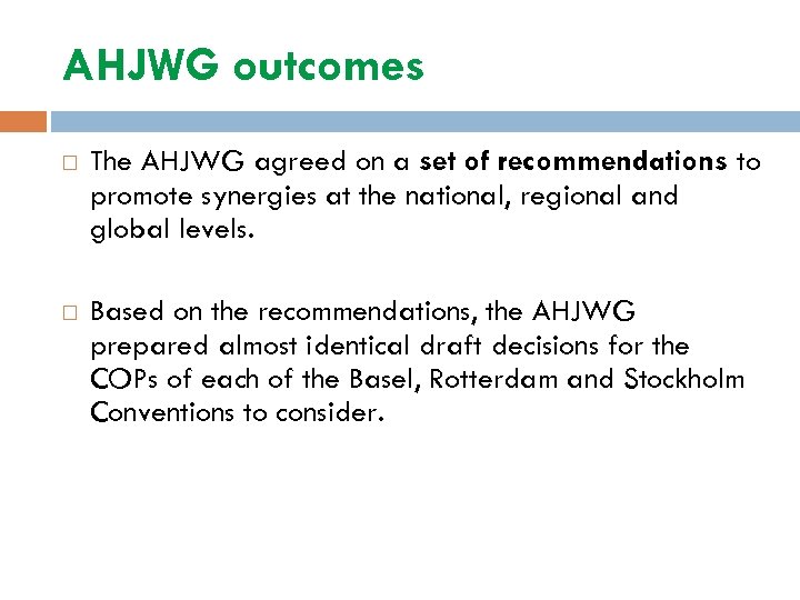 AHJWG outcomes The AHJWG agreed on a set of recommendations to promote synergies at