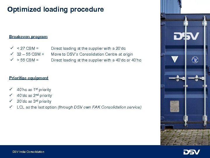 Optimized loading procedure Breakeven program ü < 27 CBM = ü 32 – 55