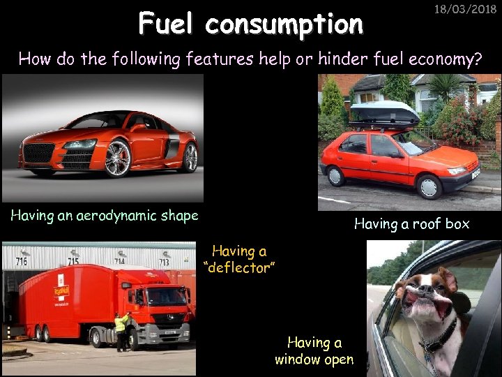 Fuel consumption 18/03/2018 How do the following features help or hinder fuel economy? Having