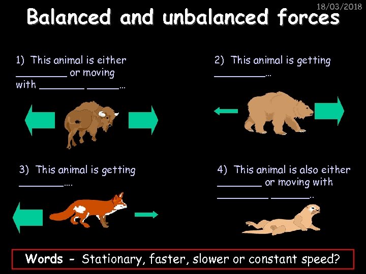 18/03/2018 Balanced and unbalanced forces 1) This animal is either ____ or moving with