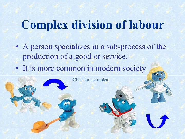 Complex division of labour • A person specializes in a sub-process of the production