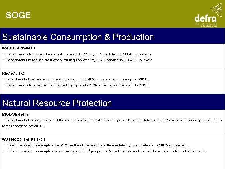 SOGE Sustainable Consumption & Production WASTE ARISINGS · Departments to reduce their waste arisings