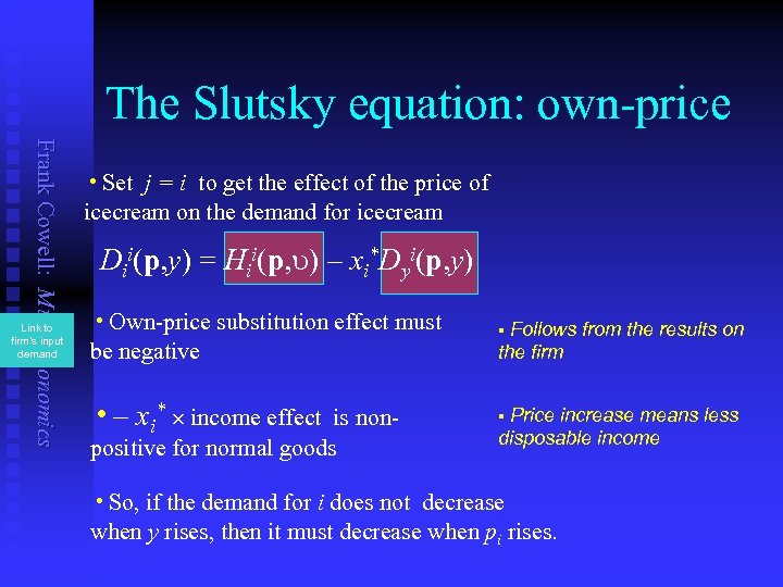 The Slutsky equation: own-price Frank Cowell: Microeconomics Link to firm’s input demand h. Set