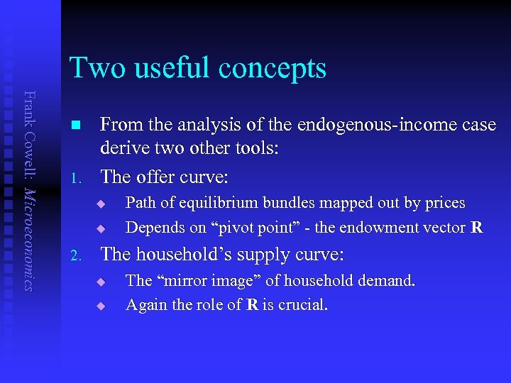 Two useful concepts Frank Cowell: Microeconomics n 1. From the analysis of the endogenous-income