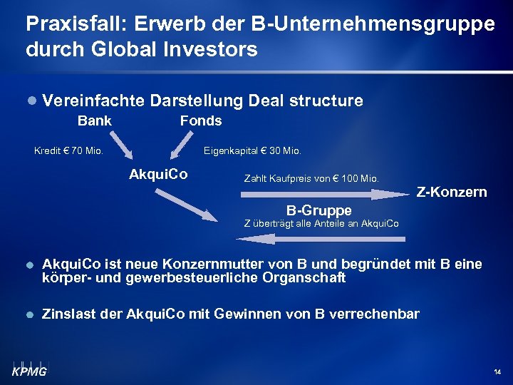 Praxisfall: Erwerb der B-Unternehmensgruppe durch Global Investors l Vereinfachte Darstellung Deal structure Bank Fonds