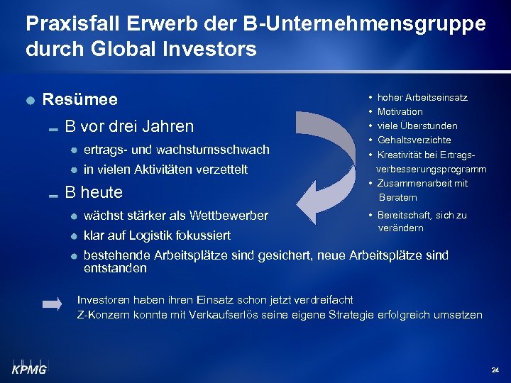 Praxisfall Erwerb der B-Unternehmensgruppe durch Global Investors Resümee B vor drei Jahren ertrags- und