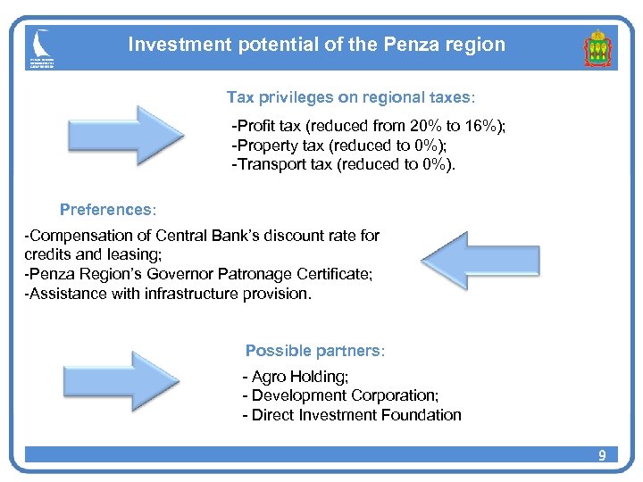 Investment potential of the Penza region Tax privileges on regional taxes: -Profit tax (reduced