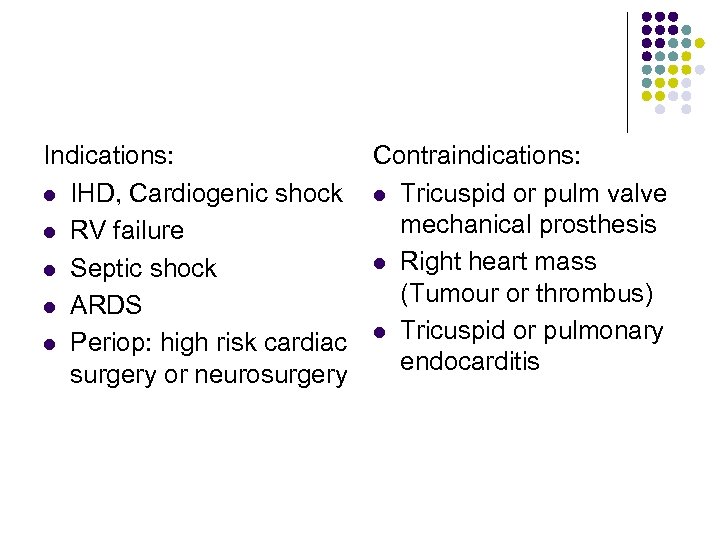 Indications: Contraindications: l IHD, Cardiogenic shock l Tricuspid or pulm valve mechanical prosthesis l