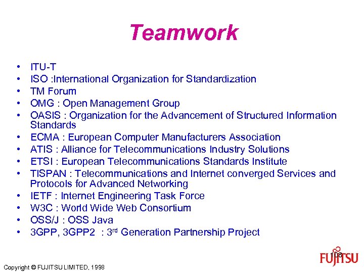 Teamwork • • • • ITU-T ISO : International Organization for Standardization TM Forum