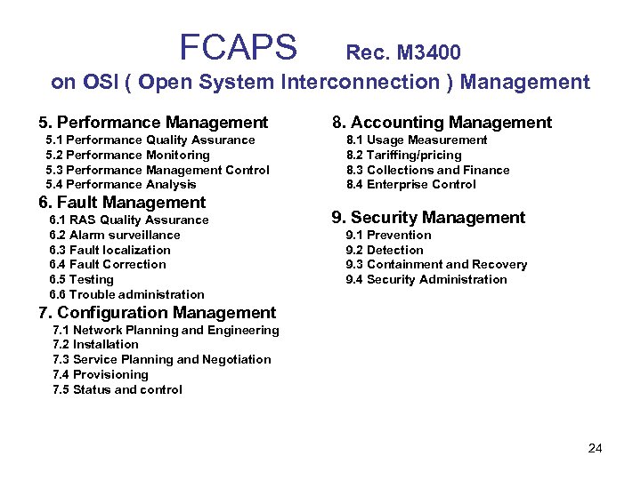 FCAPS　　Rec. M 3400 on OSI ( Open System Interconnection ) Management 5. Performance Management