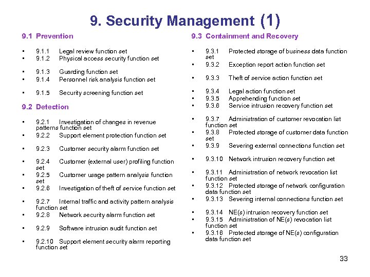 9. Security Management (1) 9. 1 Prevention 9. 3 Containment and Recovery • •